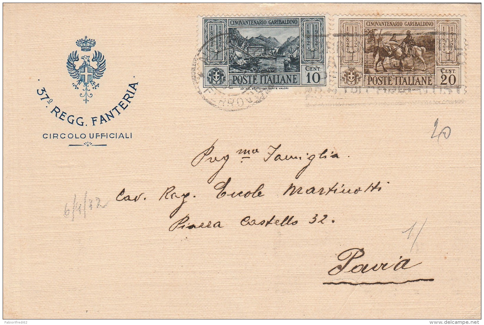 LETTERA 1932 10+20 CENT GARIBALDI -37 REGG FANTERIA - (RX225 - Storia Postale