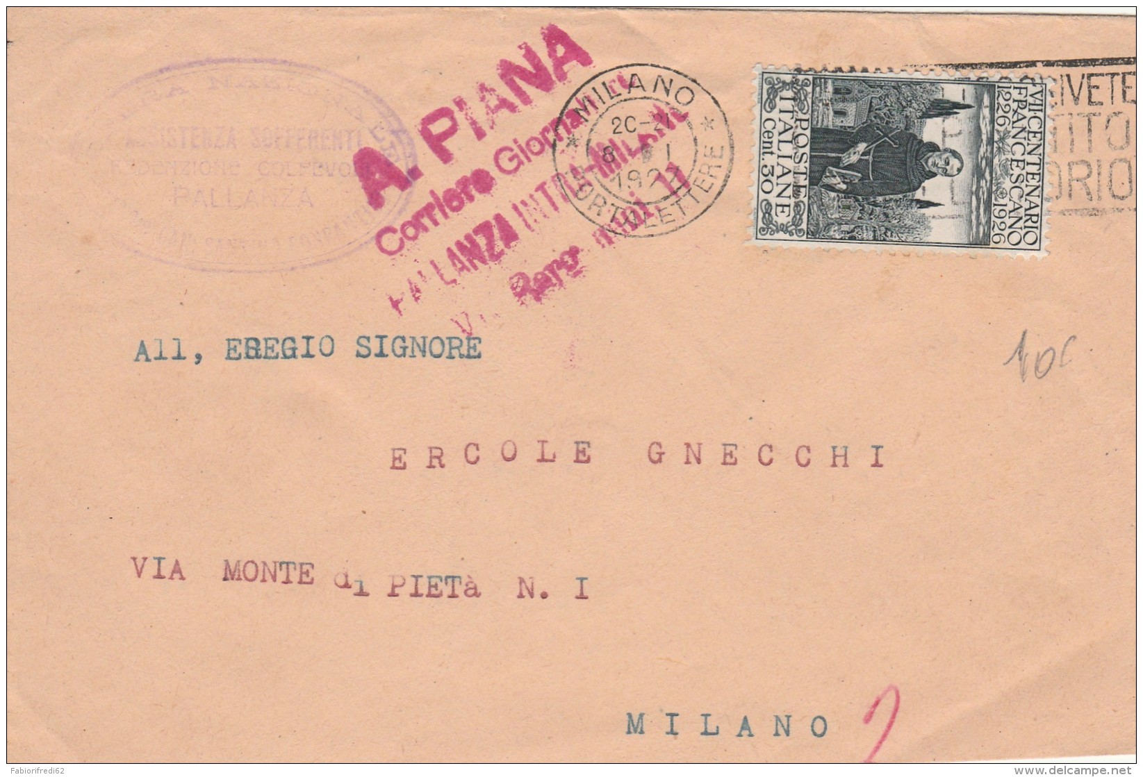 LETTERA 1927 CON 30C S.FRANCESCO - TIMBRI MILANO-SOTTOSCRIVETE PRESTITO (RX333 - Marcophilia