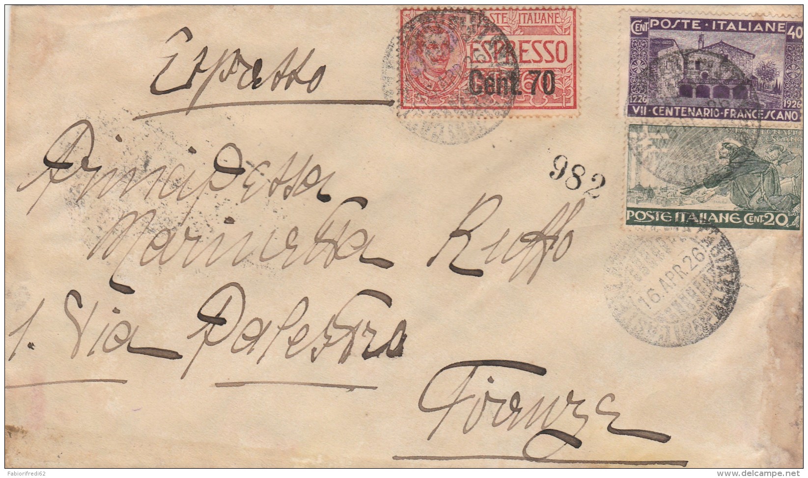 ESPRESSO 1926 CENT.70 +20+40 CENT. CENTENARIO FRANCESCANO-TIMBRO AMBULANTE (RX542 - Storia Postale