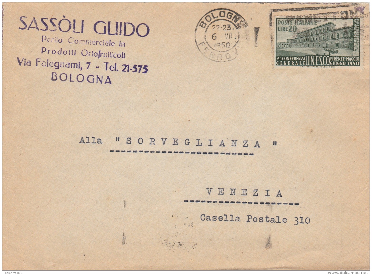 LETTERA 1950 CON LIRE 20 UNESCO TIMBRO BOLOGNA (RX647 - 1946-60: Marcofilie