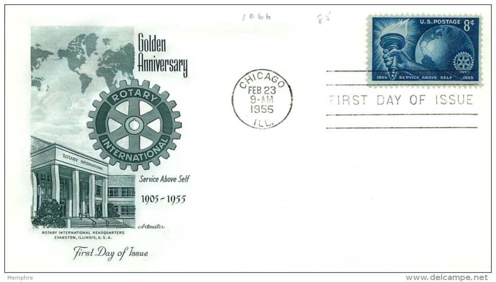 1955  Rotary International - 50th Anniversary - Sc 1066 Single - Unaddressed FDC - 1951-1960