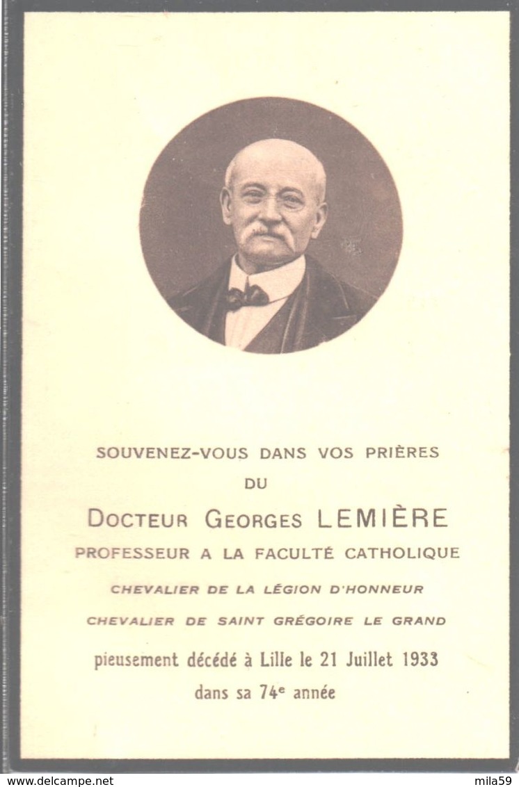 Souvenir De Docteur Georges Lemière. Professeur à La Faculté Catholique. Décédé à Lille. 1933. - Décès