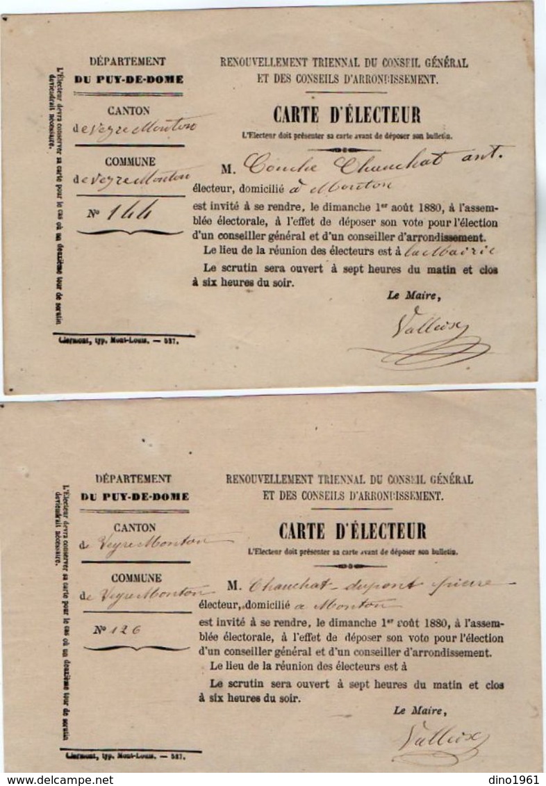 VP11.855 - 1880 - Commune De VEYRE - MONTON - Carte D'Electeur X 2 - Autres & Non Classés