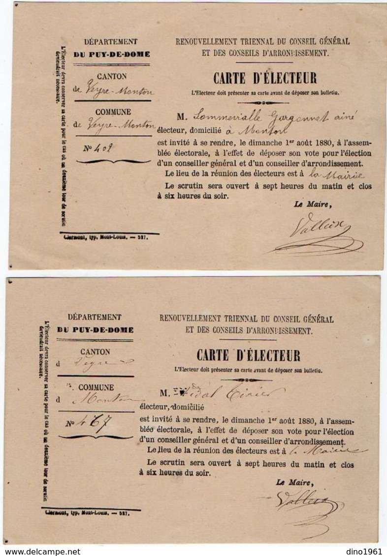 VP11.856 - 1880 - Commune De VEYRE - MONTON - Carte D'Electeur X 2 - Altri & Non Classificati