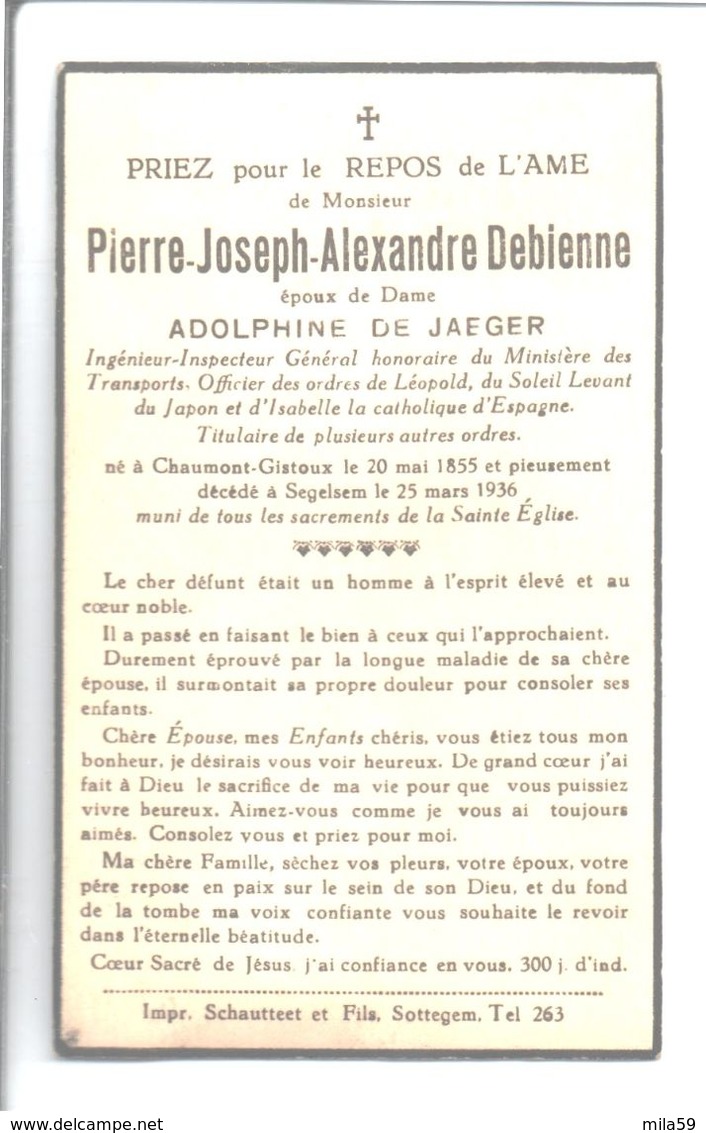 Souvenir De Pierre Joseph Alexandre Debienne. Epoux De Adolphine De Jaeger. Décédé Segelsem 1936. Ingénieur Inspecteur. - Décès