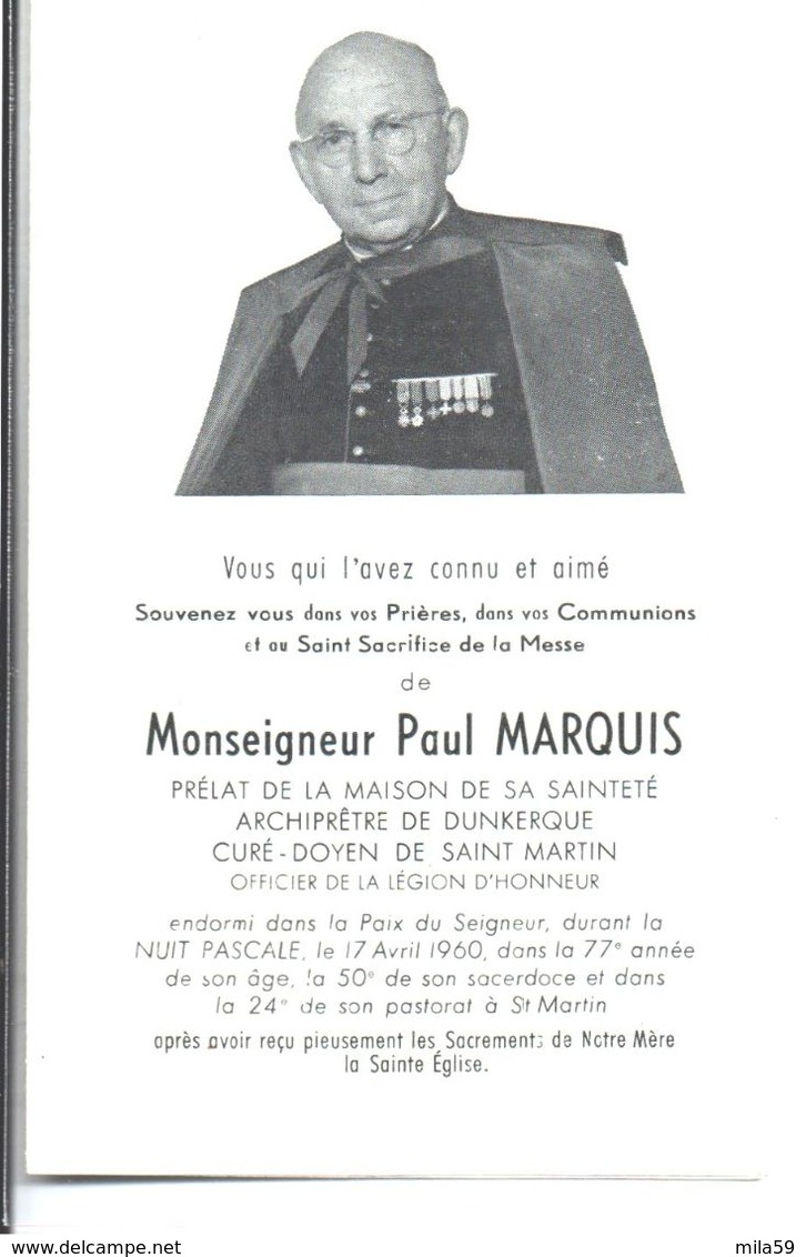 Souvenir Paul Marquis. Prélat De La Maison De Sa Sainteté. Archiprêtre De Dunkerque. Curé De Saint Martin. Dc 1960. - Décès