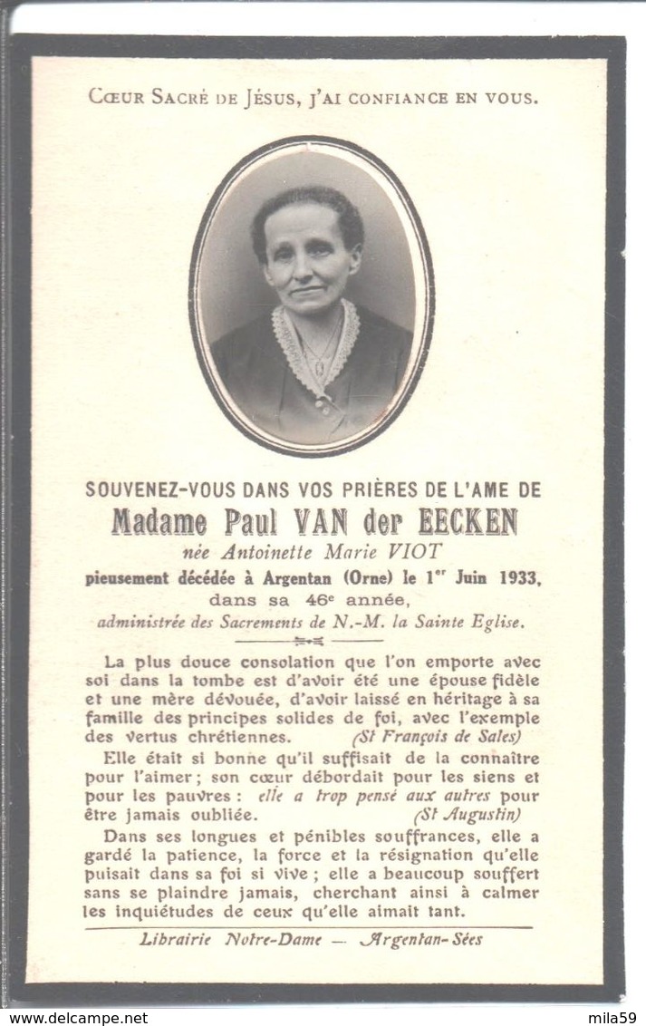 Souvenir De Madame Paul Van Der Eecken. Née Antoinette Marie Viot. Décédée à Argentan. 1933. - Avvisi Di Necrologio