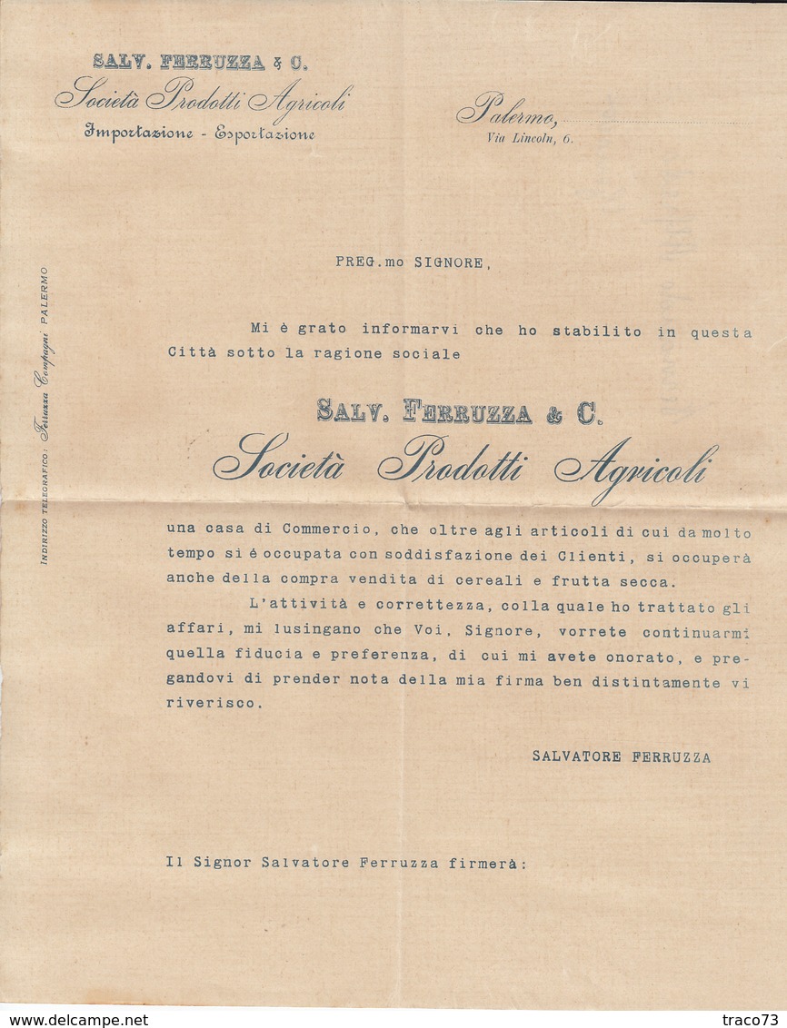 PALERMO _ 1936 / Società Prodotti Agricoli  " SALVATORE FERRUZZA & C. "  _ Lettera - Italia