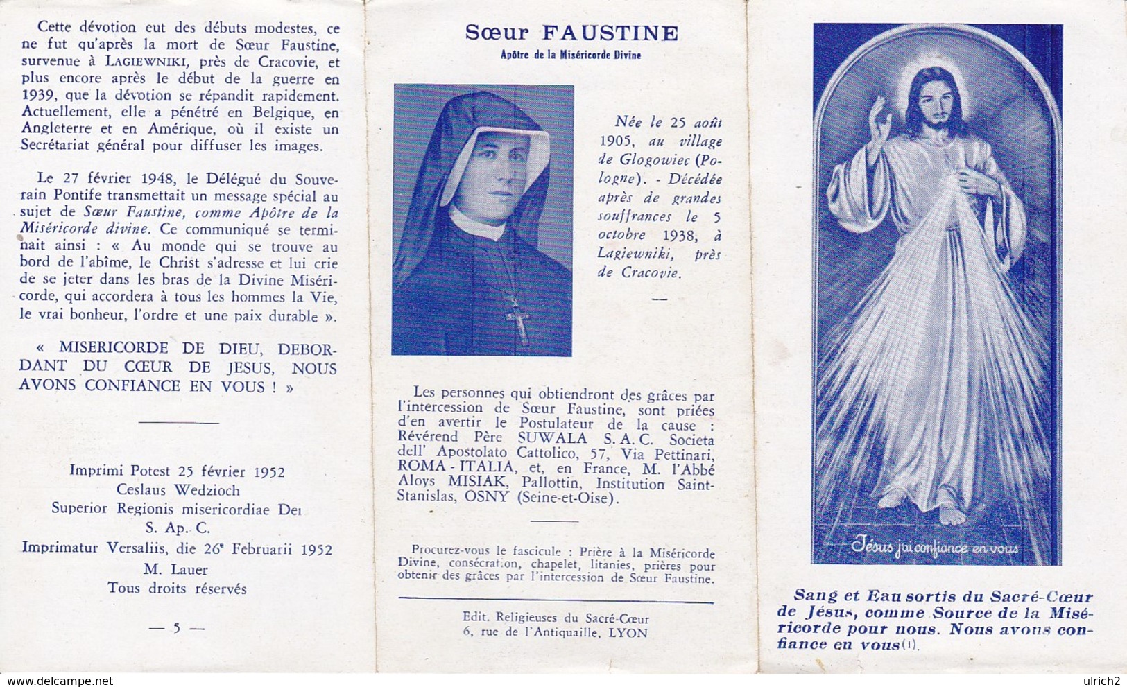 Andachtsbild Und Geschichte - Jesus J'ai Confiance En Vous - Soeur Faustine - 1952 - 12,5*7cm (33118) - Andachtsbilder