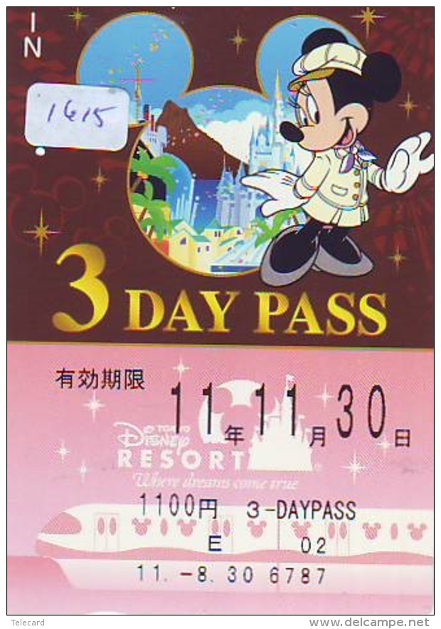 Carte Prépayée Japon * DISNEY * RESORT LINE (1615) * MICKEY * 3 DAY PASS * ADULT * 1100  YEN * JAPAN PREPAID CARD - Disney