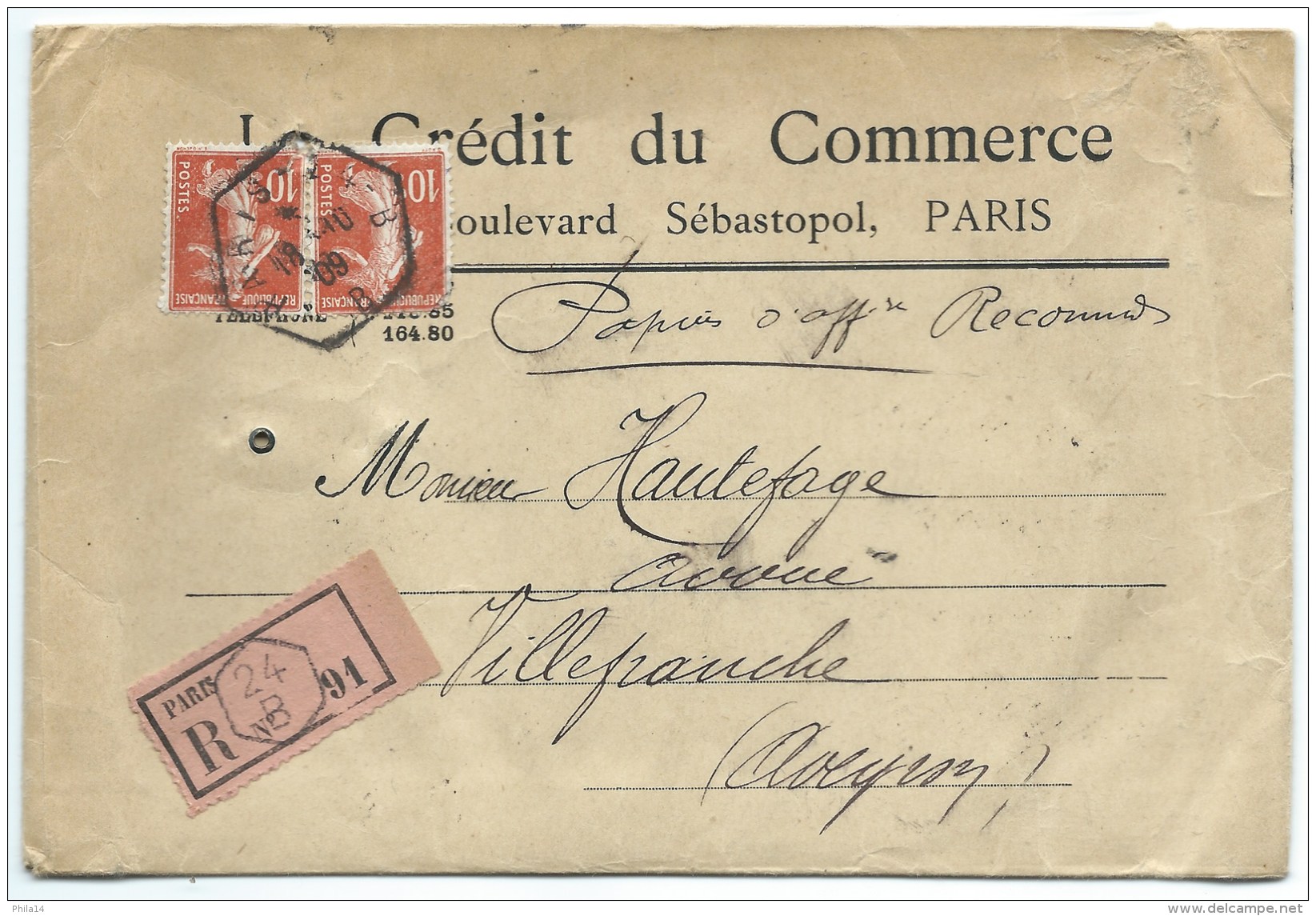 ENVELOPPE PAIRE SEMEUSE 10c ROUGE/ RECOMMANDE / PARIS POUR VILLEFRANCHE / 1909 - 1877-1920: Période Semi Moderne