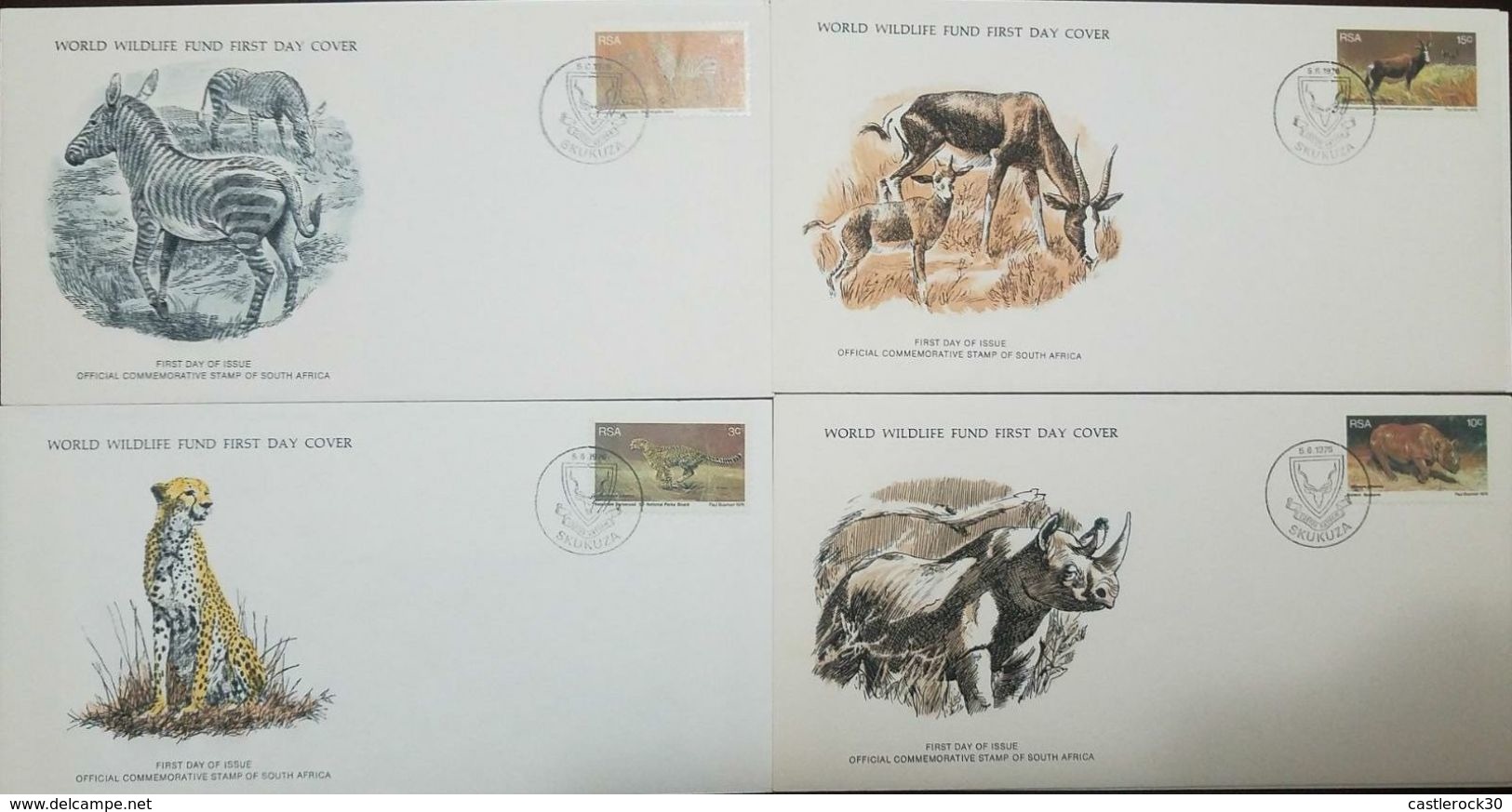 L) 1976 SOUTH AFRICA, ZEBRA, BONTEBOK, LEOPARD, BLACK RHINO, ANIMALS, FAUNA, NATURE, SET OF 4, WORLD WILDLIFE FUND, FDC - Africa (Other)