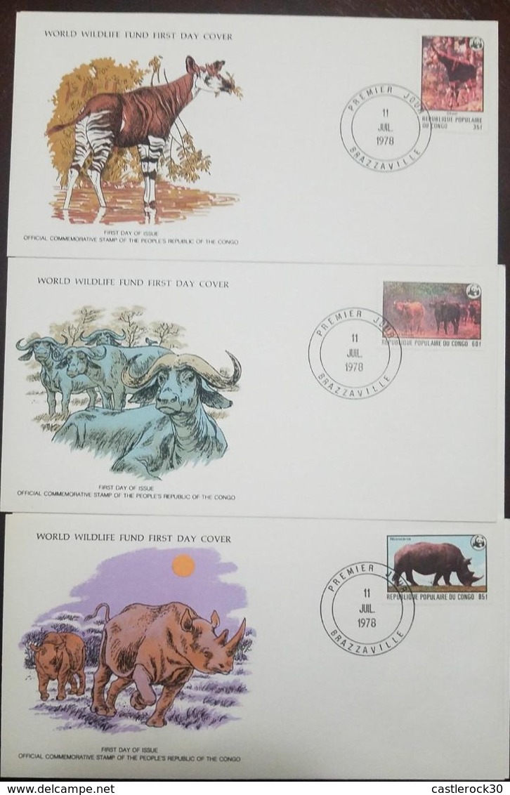 L) 1978 POPULAR REPUBLIC OF CONGO, OKAPI, 35F, PANDA LOGO, BUFFALO, RHINO, FAUNA, NATURE, ANIMALS, WORLD WILDLIFE FUND, - FDC