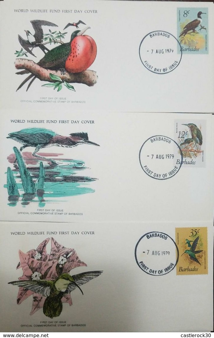 L) 1979 BARBADOS, BIRDS, 8C, NATURE, 35C, ANIMALS, FRIGATEBIRD, 12C, GREEN-THROATED CARIB, WORLD WILDLIFE FUND, FDC, SET - Barbados (1966-...)