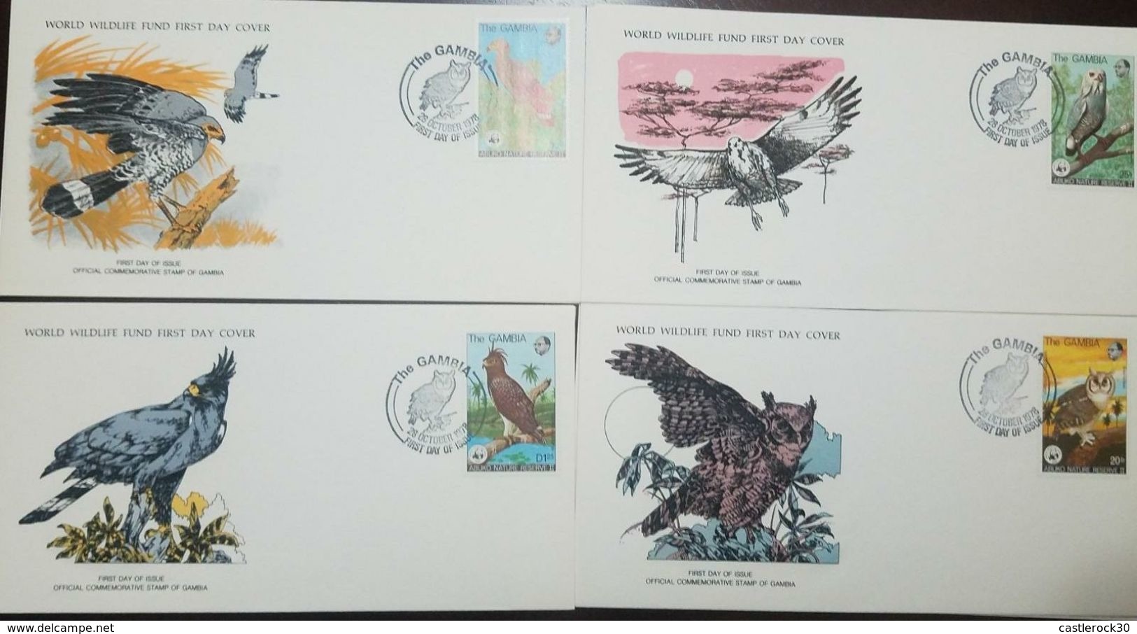 L) 1978 GAMBIA, NATURE, BIRDS, HAWK, OWL, NATURE, FAUNA, ANIMALS,  SET OF 4, WORLD WILDLIFE FUND, FDC - Gambia (1965-...)