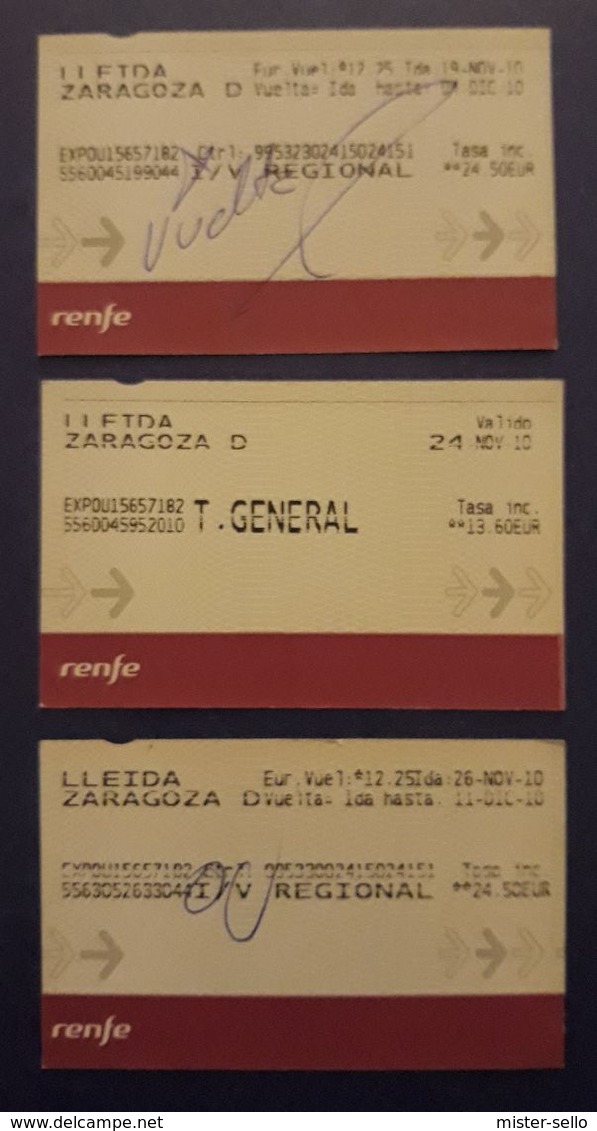 RENFE ESPAÑA. TREN ZARAGOZA - LLEIDA. 3 TICKETS DIFERENTES. - Europe