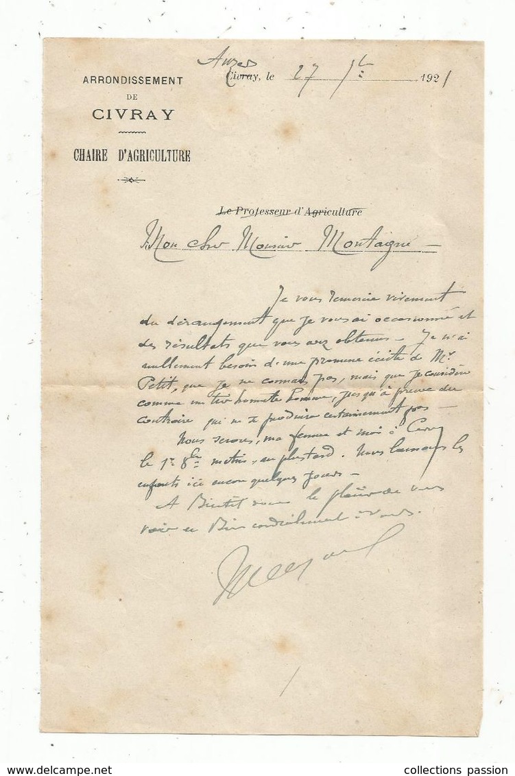 Lettre , VIENNE , Arrondissement De CIVRAY , CHAIRE D'AGRICULTURE ,1921 - Ohne Zuordnung