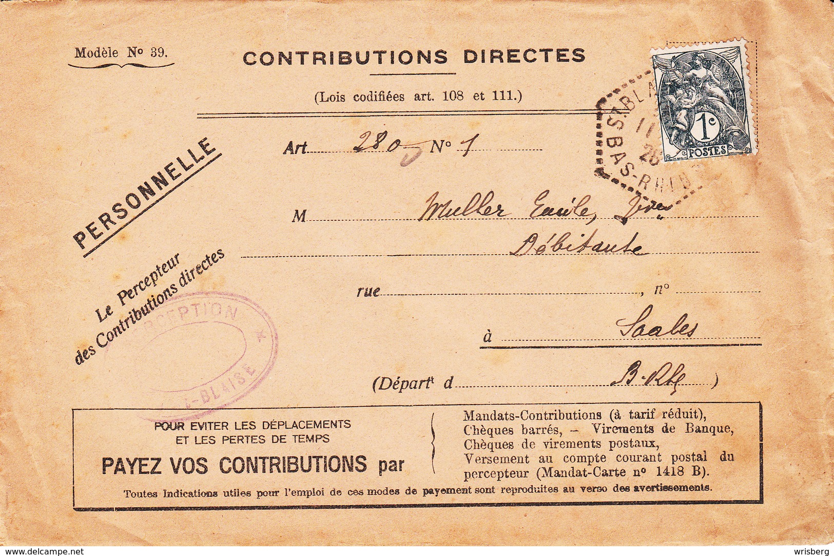 Env Affr Y&T 107 Obl ST BLAISE LA ROCHE Du 11.2.26 Adressée à Saales - Lettres & Documents