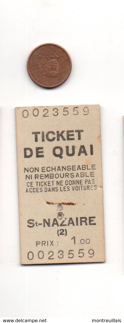 Ticket De Quai Français Cartonné, SNCF, Transport, Train,  SAINT-NAZAIRE, (44) Loire Atlantique - Chemin De Fer