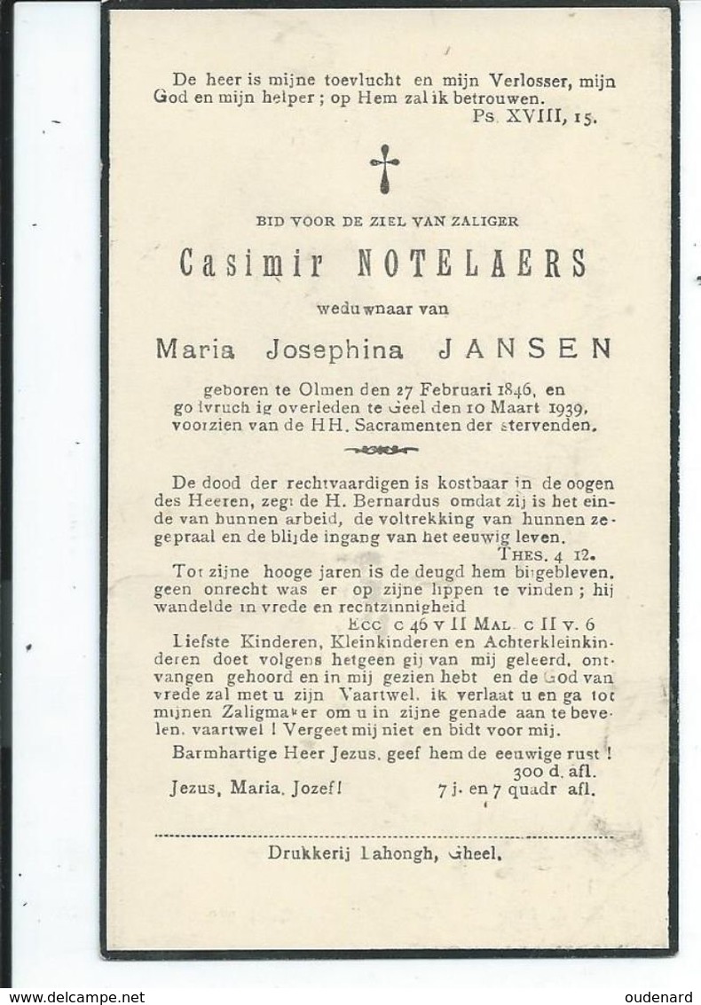 B.P.  OLMEN NOTELAERS CASIMIR 1846 - 1939 GEEL - Religión & Esoterismo