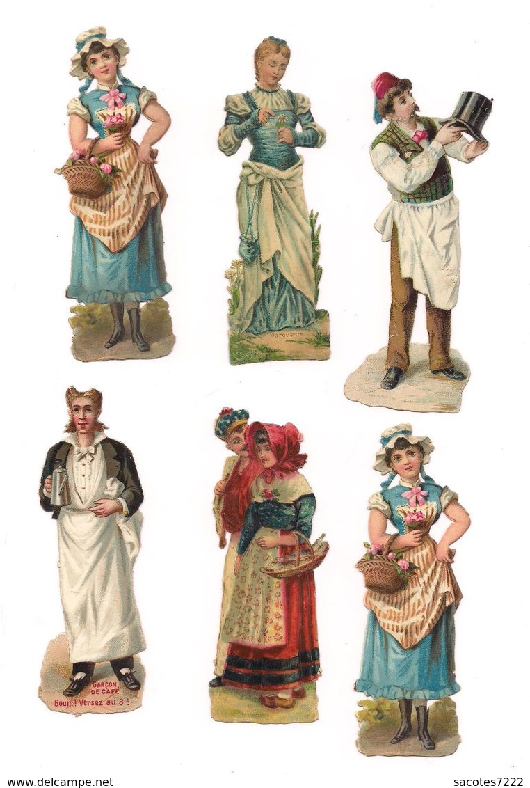 6 DECOUPIS GAUFFRES  PERSONNAGES DIVERS : Garçon De Café -  Femme Panier De Fleurs, Chapelier , Marguerite..... - Christmas