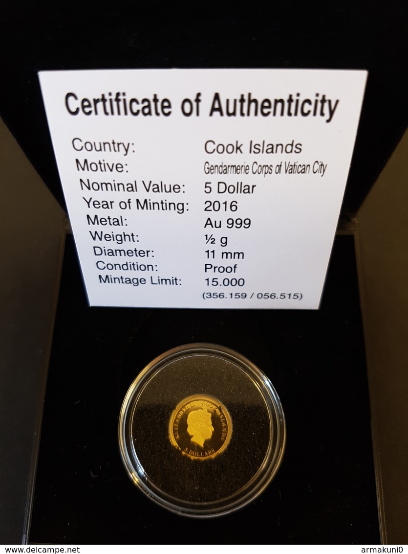 Pièce De 5 Dollars Or (999.9‰) *QP* - Gendarmerie Corps Vatican City 2016 Avec Certificat - Cook Islands