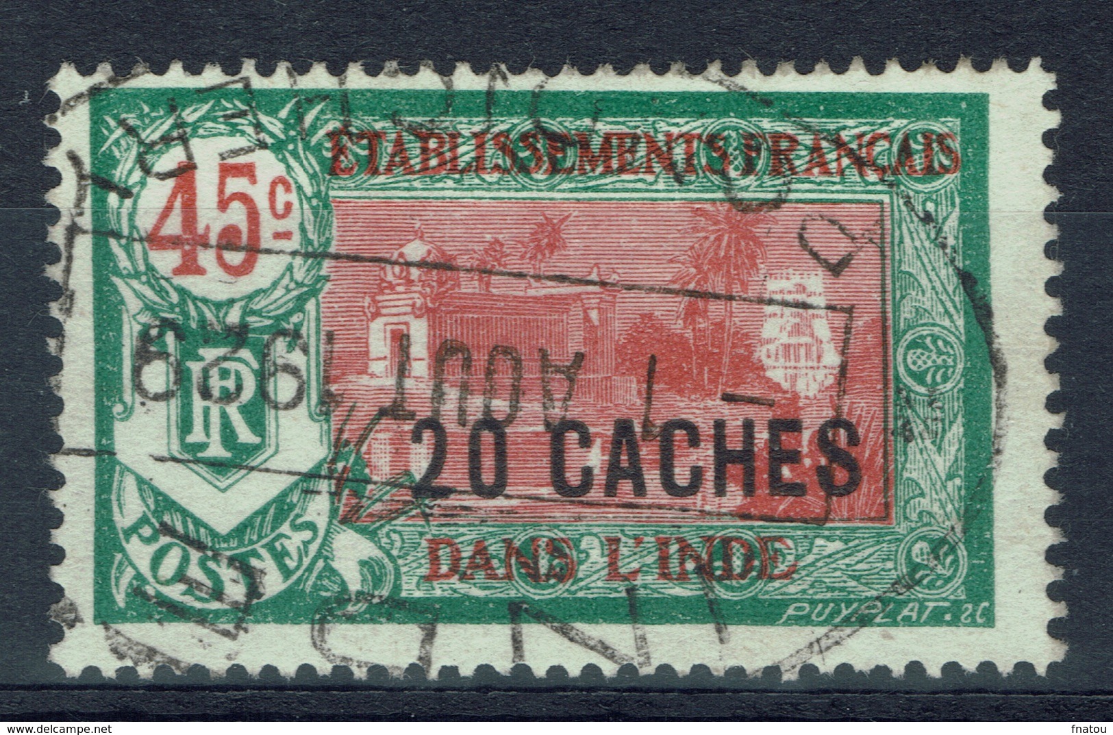 French India, Hindu Temple, Overprint, 20ca/45c., 1927, VFU Superb Postmark From Pondicherry - Unused Stamps