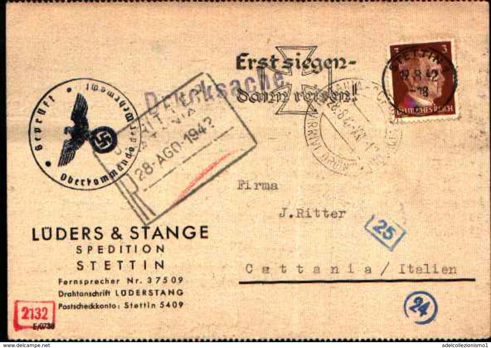 87056) Cartolina Con 3d.effige Di Adolf Hitler Da Stettin A Catania  Il 19/8/1942 Annulli Particolari - Briefe U. Dokumente