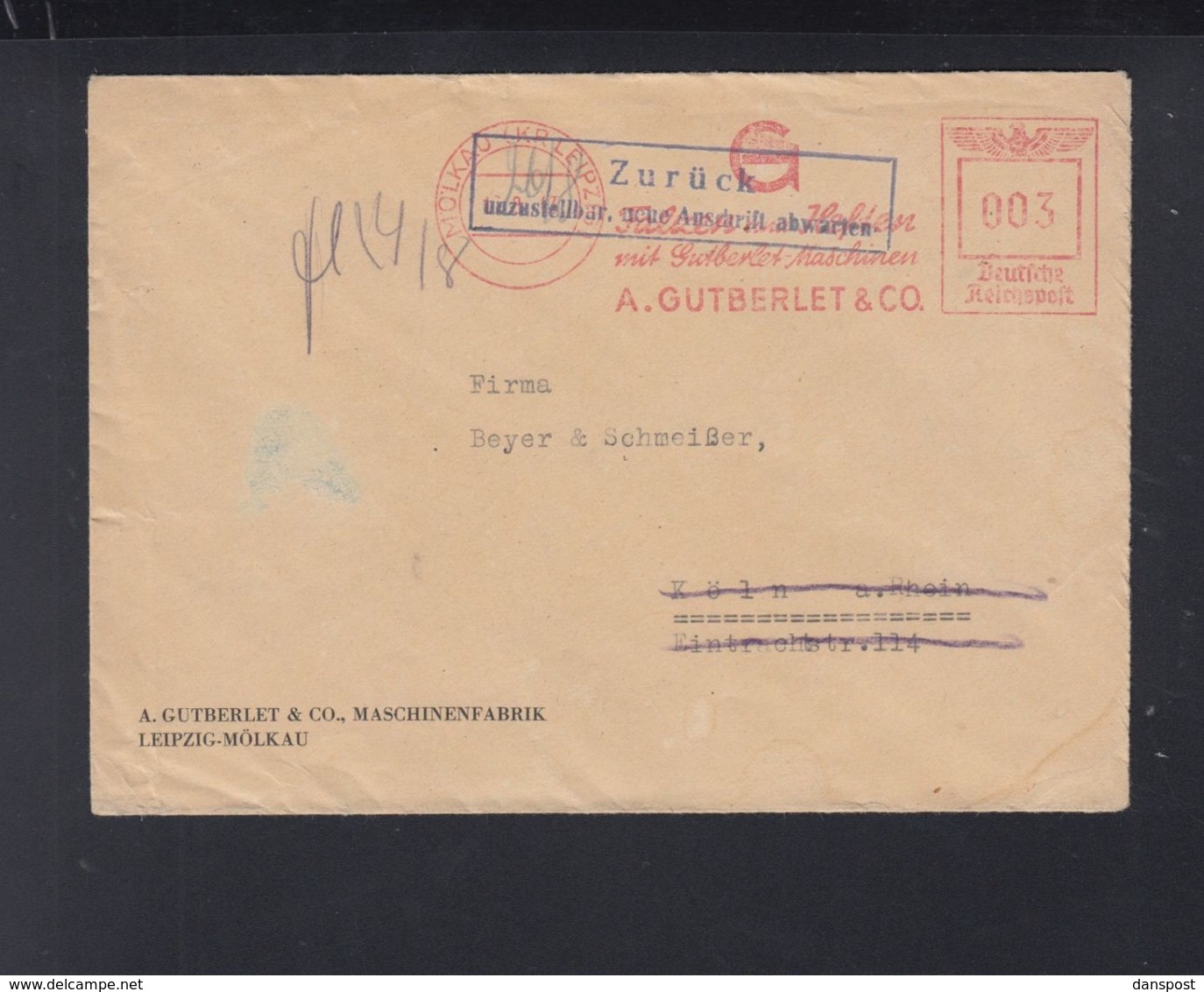 Dt. Reich Brief 1943 Mölkau Nach Köln Zurück Unzustellbar - Storia Postale