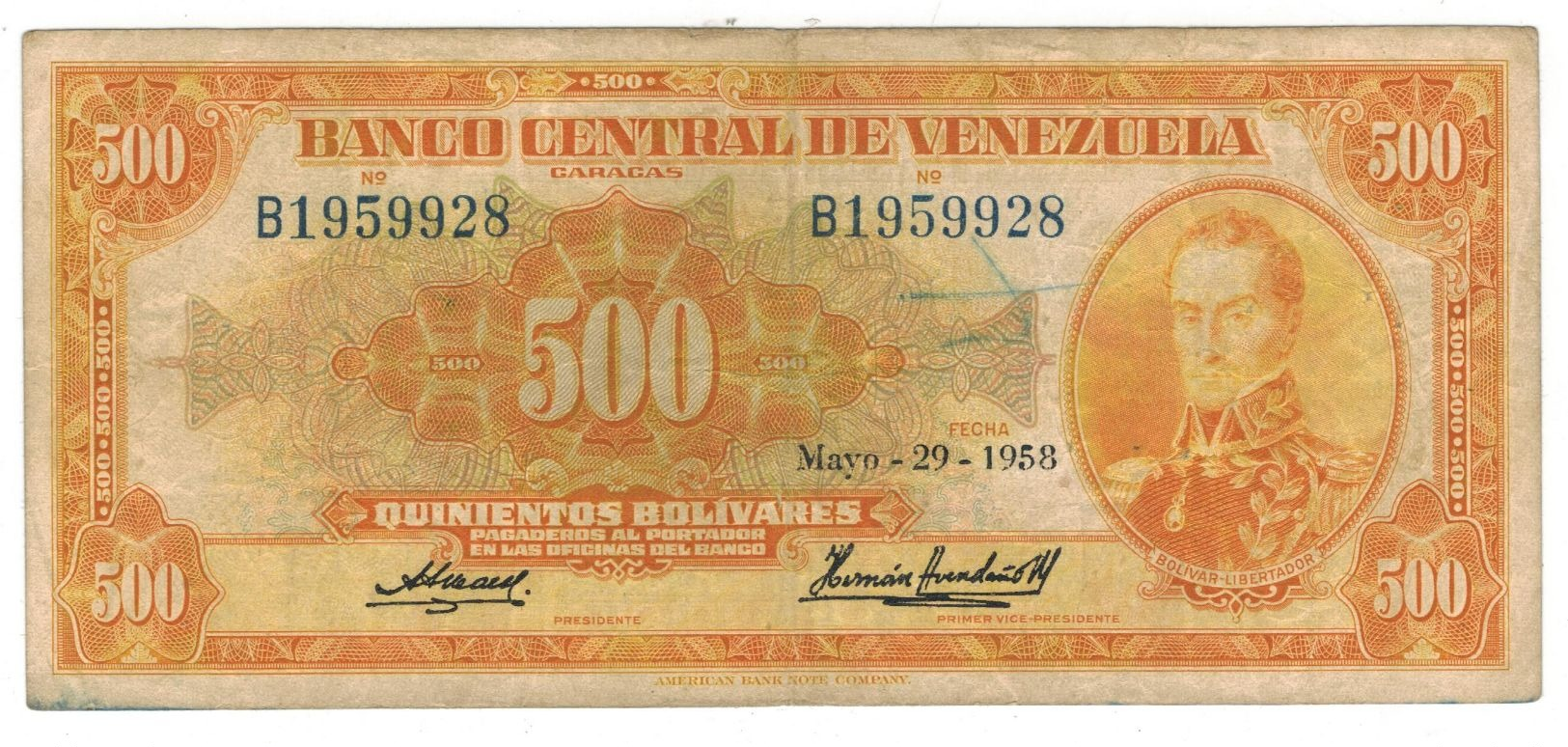 Venezuela 500 Bs. 1958. VF. - Venezuela