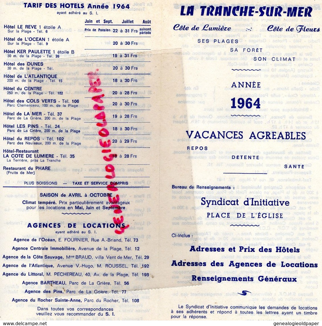 85- LA TRANCHE SUR MER - DEPLIANT TOURISTIQUE COTE DE LUMIERE-VENDEE-SYNDICAT INITIATIVE PLACE EGLISE-1964-TARIFS HOTELS - Dépliants Touristiques