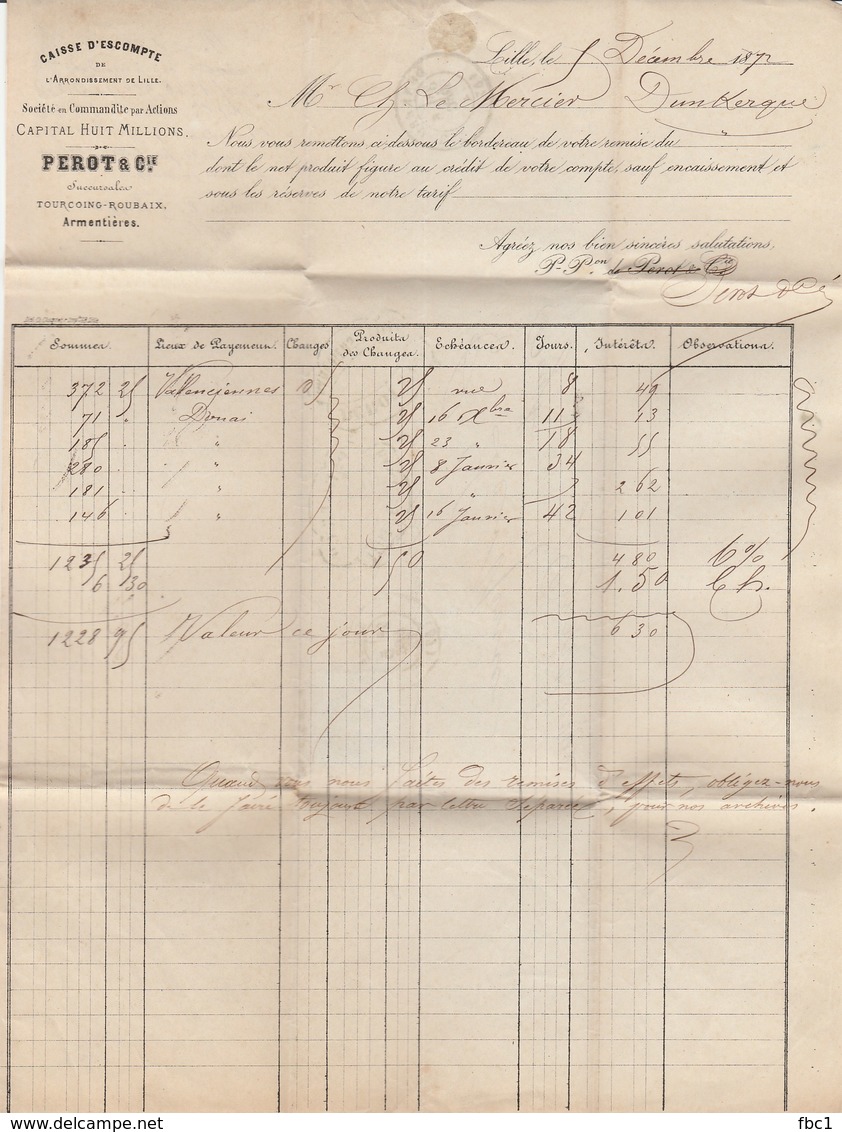 Nord - Lille - Perot Et Cie - Caisse D'escompte De L'arrondissement De Lille - 1872 - Bank & Versicherung