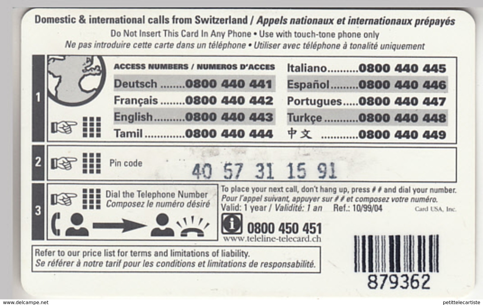 SWITZERLAND - PHONE CARD  ***   PRÉPAID CARD - TELELINE & SINGE  *** - Jungle