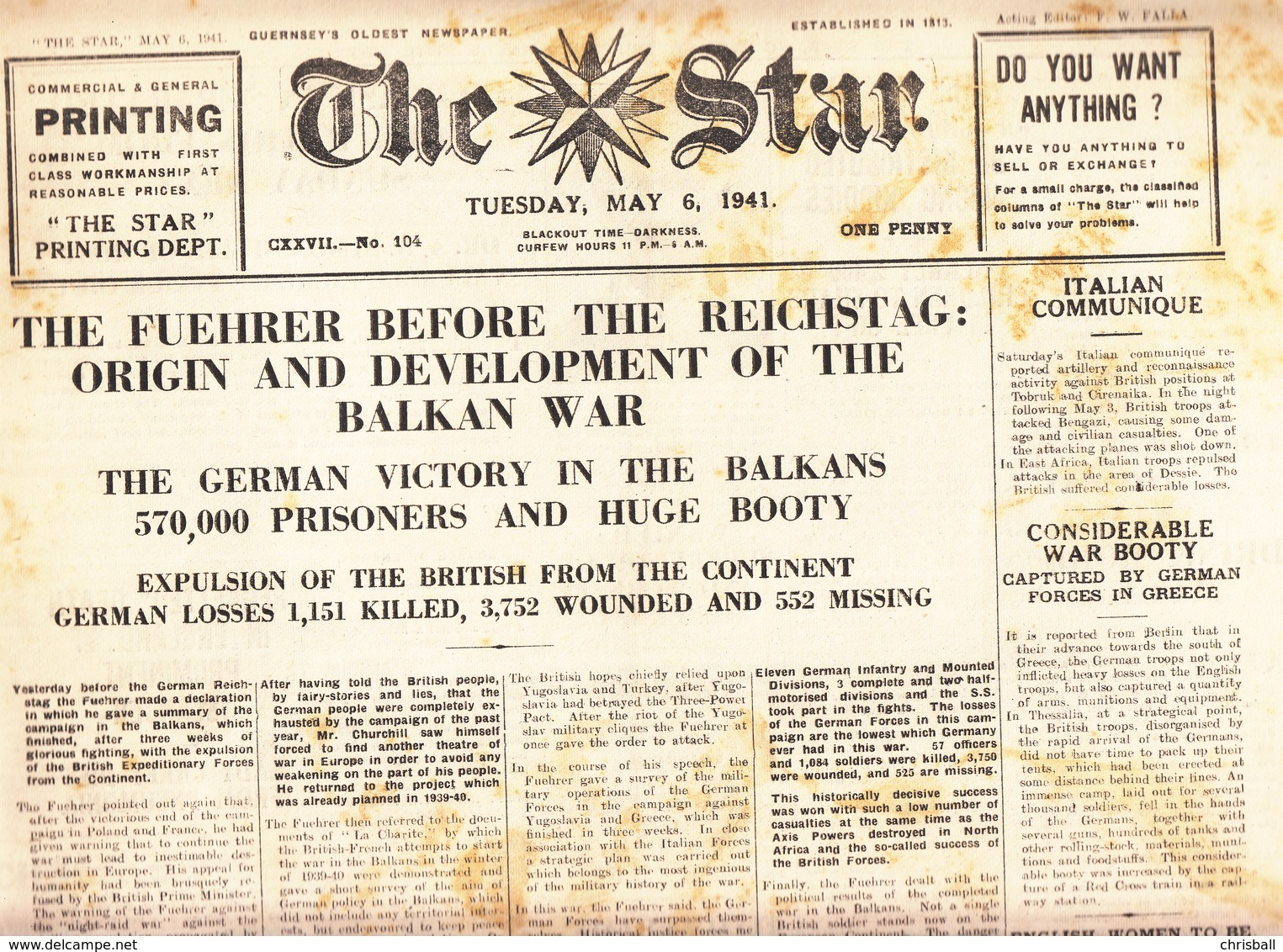 Guernsey Newspaper May 6 1941 (Original) - Guerre 1939-45