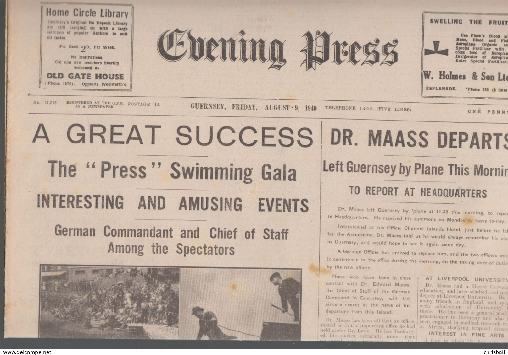 Guernsey Newspaper August 9th 1940 (Original) Guernsey Press - Guerre 1939-45