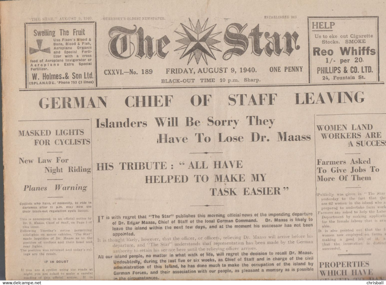 Guernsey Newspaper August 9th 1940 (Original) The Star - Guerra 1939-45