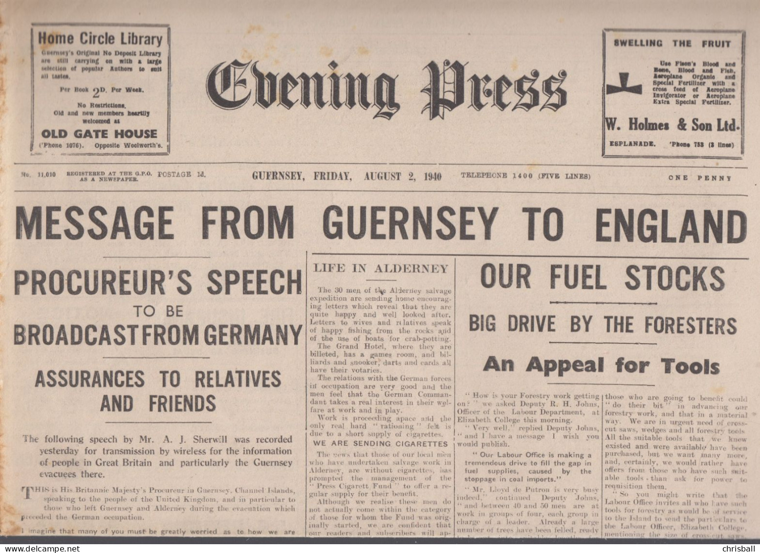 Guernsey Newspaper August 2nd 1940 (Original) Guernsey Press - Guerre 1939-45