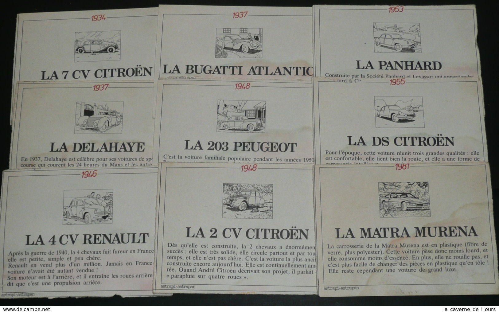 Lot De Fiches Illustrées Sur Les Voitures Anciennes Tacots Tractions, ASTRAPI-ASTRAPAN, DS 2 CV Citroën Renault Matra - Voitures