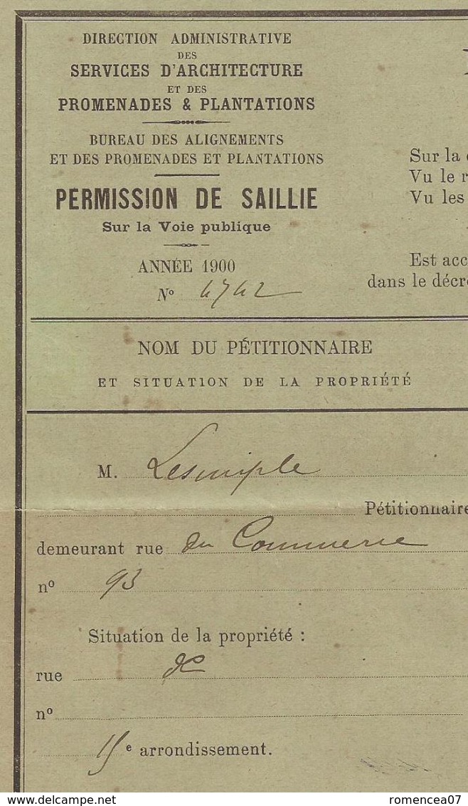 PARIS (15e Arrdt) - PERMISSION De SAILLIE -  19 Juillet 1900 - Cheval, Reproduction Animale - Agriculture - A Voir ! - Documents Historiques