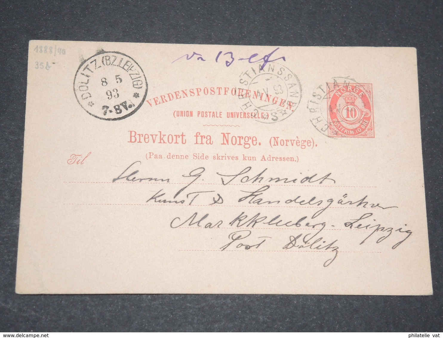 NORVEGE - Entier 10 Ore Pour Leipzig - 1893 - P 22581 - Postal Stationery