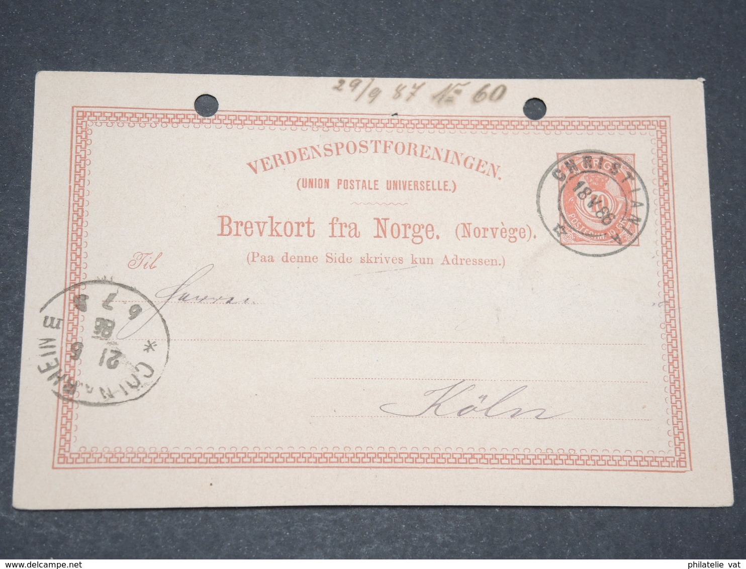 NORVEGE - Entier 10 Ore Pour Cologne Allemagne - 1886 - P 22585 - Postwaardestukken