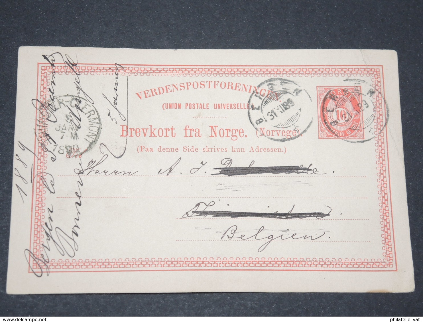 NORVEGE - Entier 10 Ore Pour La Belgique - 1890 - P 22586 - Postwaardestukken