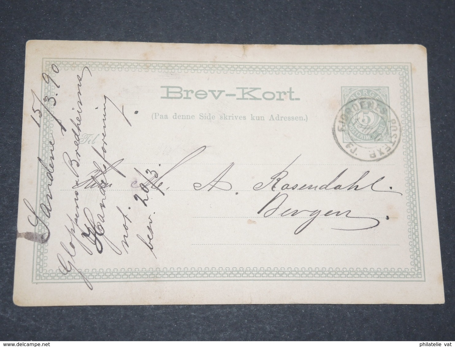 NORVEGE - Entier 5 Ore Pour Bergen - 1890 - P 22587 - Postal Stationery