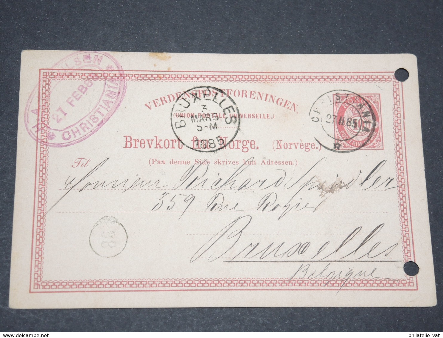 NORVEGE - Entier 10 Ore Pour Bruxelles - 1885 - P 22590 - Enteros Postales