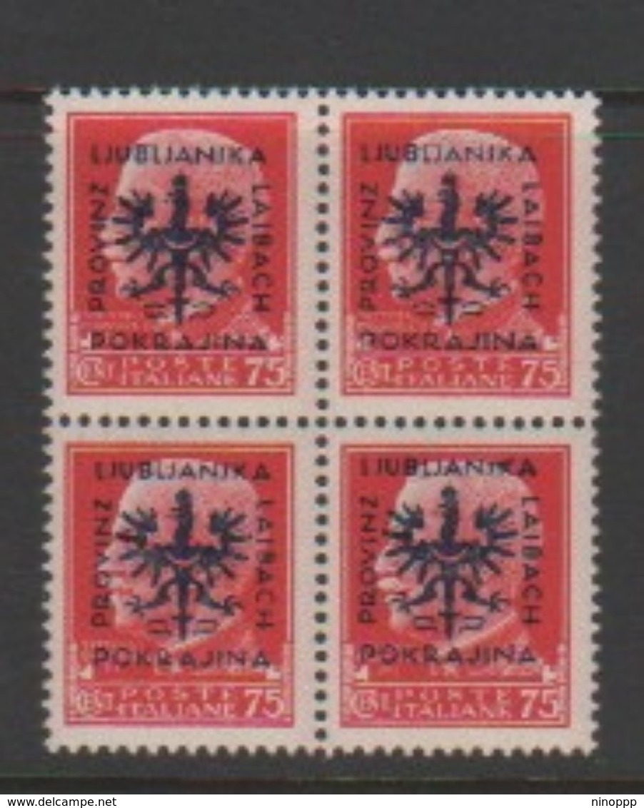 Italy-WW II Occupation-German Occupation Of Lubiana N44 1944 75c Carmine  Block Of 4 Mint Never Hinged - German Occ.: Lubiana