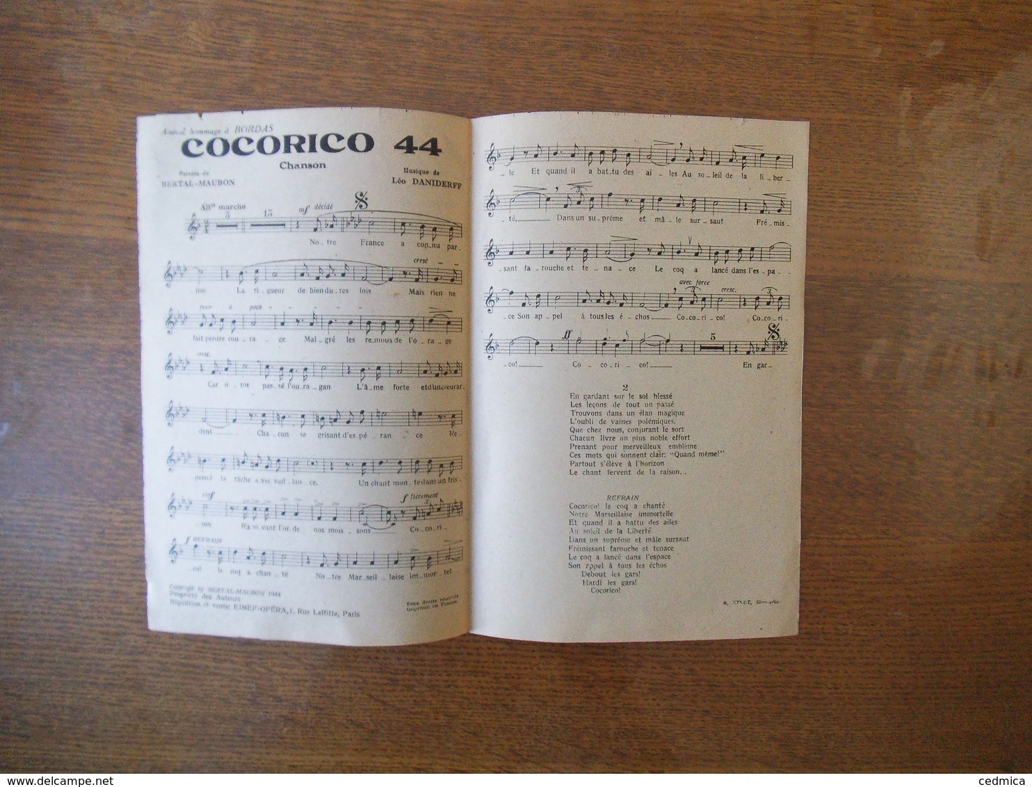 COCORICO 44 ! CHANSON MARCHE CREATION BORDAS PAROLES DE BERTAL-MAUBON MUSIQUE DE LEO DANIDERFF 1944 - Noten & Partituren