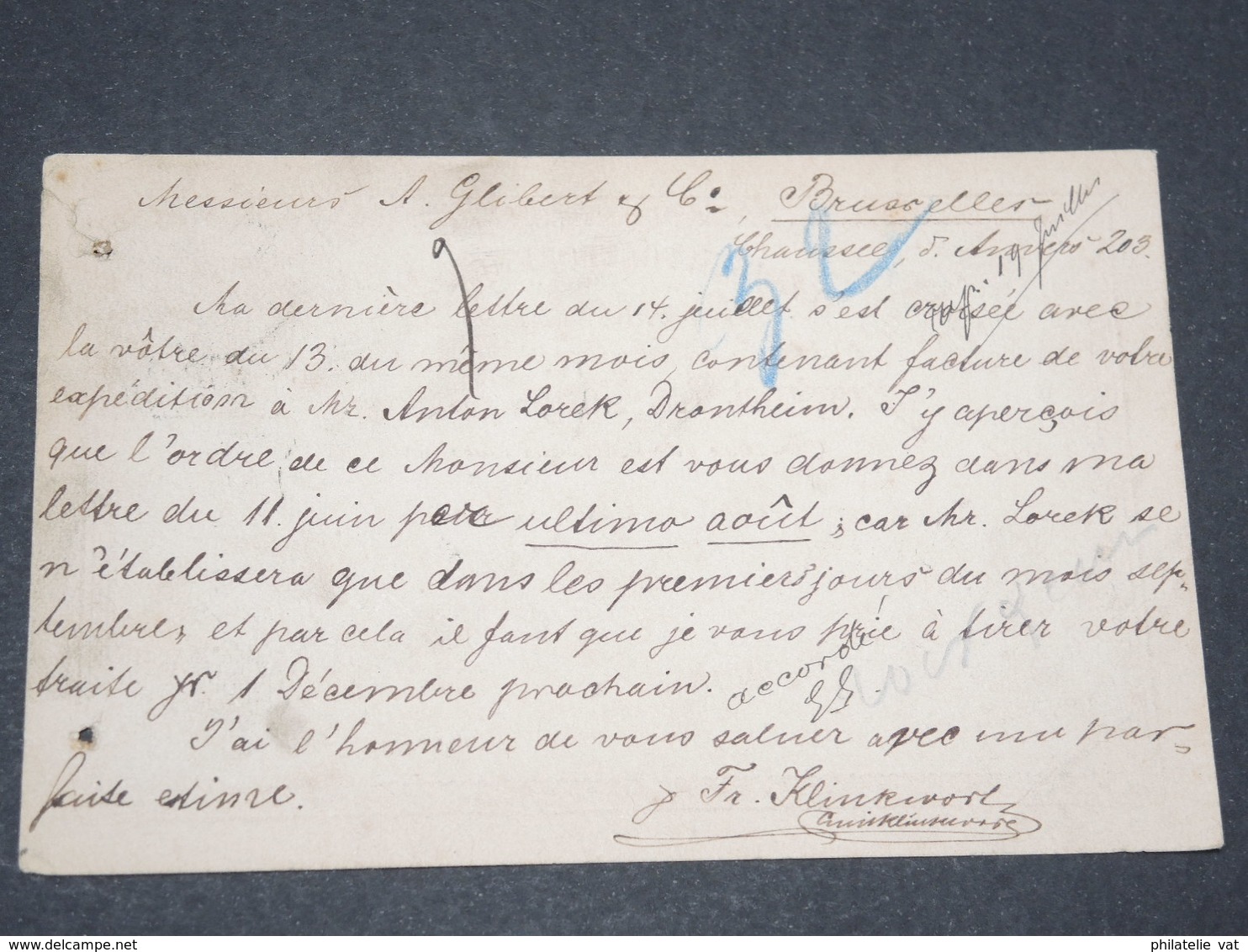 NORVEGE - Entier 10 Ore Pour Bruxelles - 1886 - P 22592 - Enteros Postales