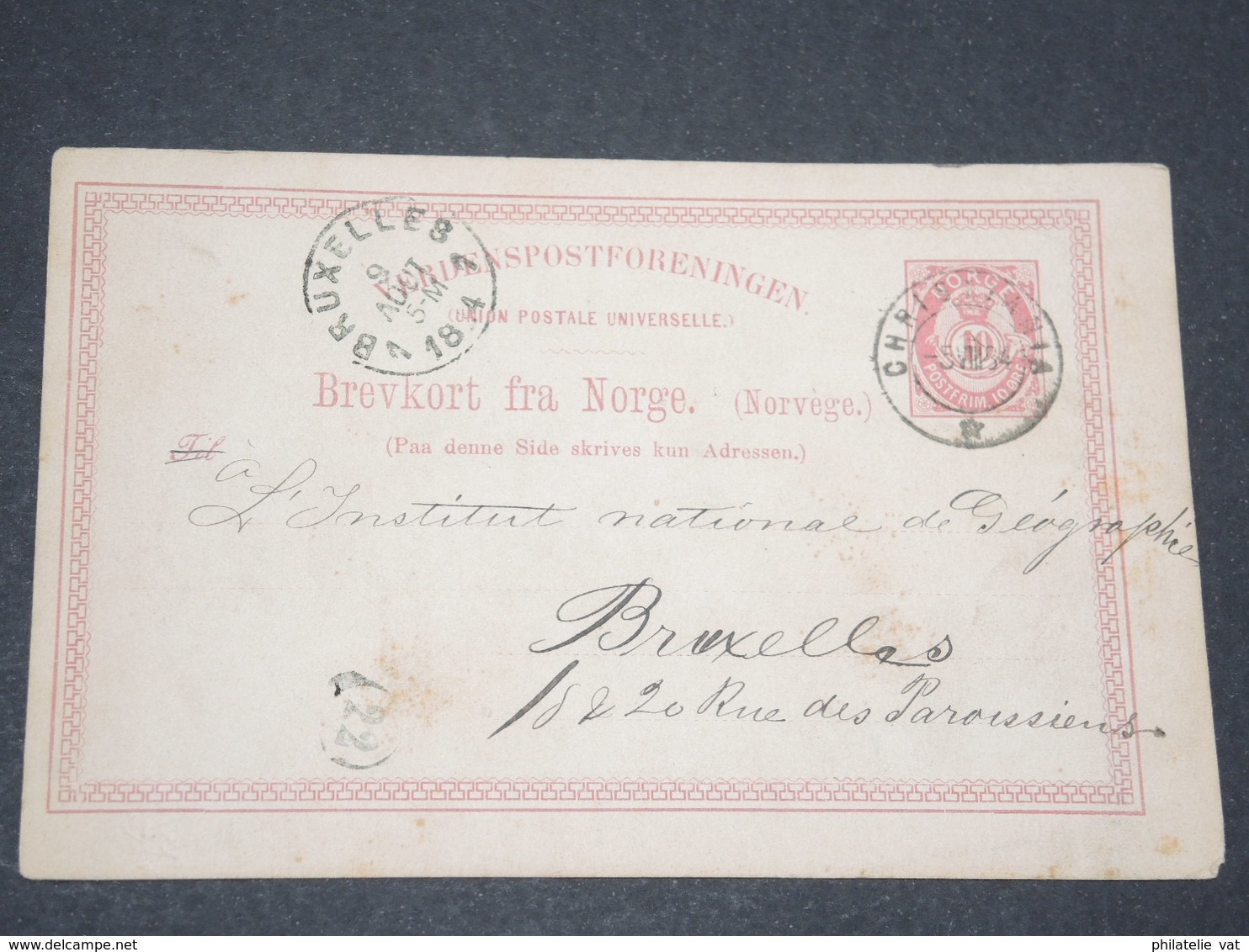 NORVEGE - Entier 10 Ore Pour Bruxelles - 1884 - P 22596 - Ganzsachen