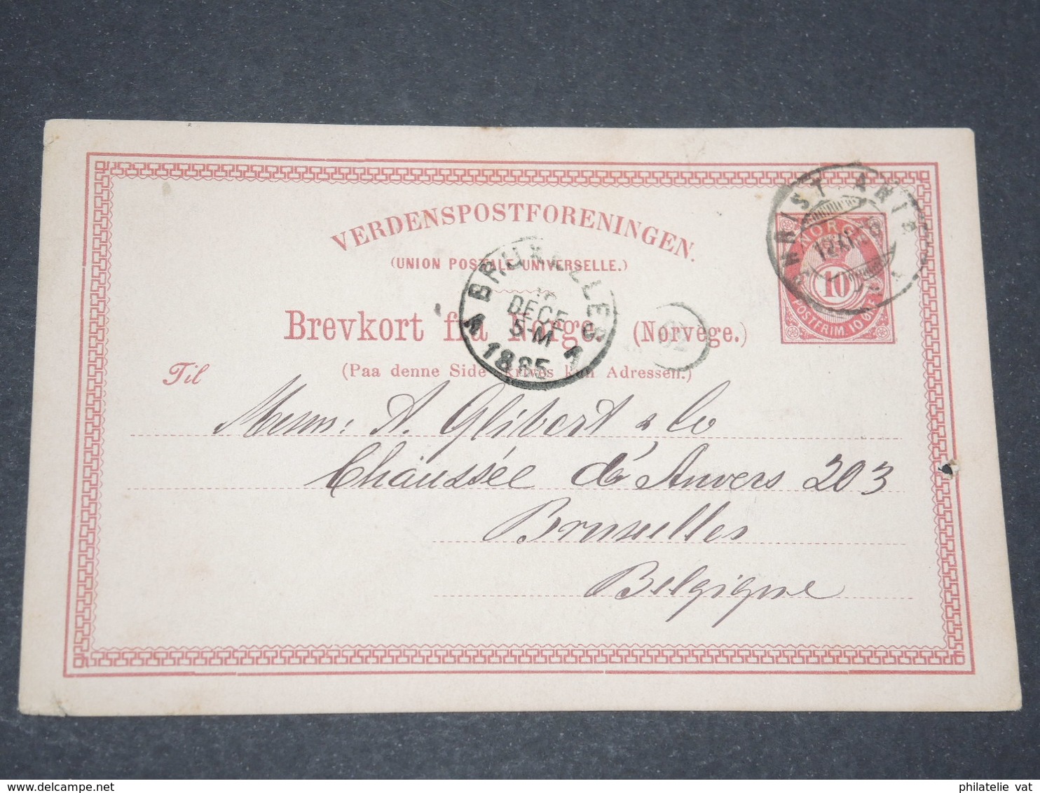 NORVEGE - Entier 10 Ore Pour Bruxelles - 1885 - P 22597 - Postal Stationery