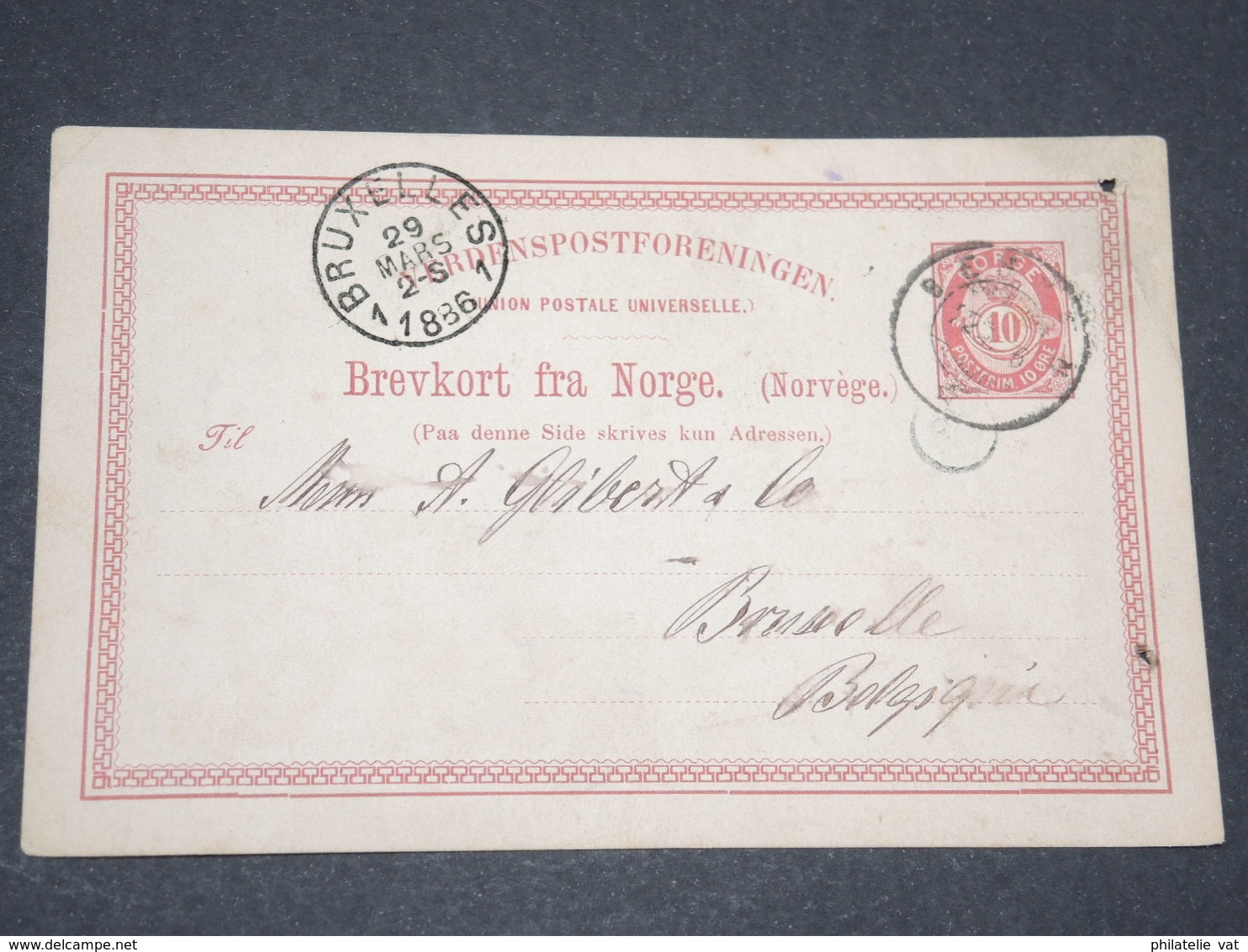 NORVEGE - Entier 10 Ore Pour Bruxelles - 1886 - P 22598 - Postal Stationery